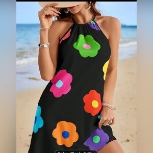 Women's Floral Print Tie Back Halter Dress Sleeveless Beach Mini Sundress Black
